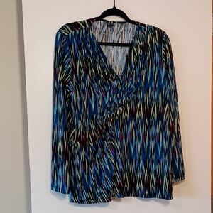 Rafaella Blue and Black Patterned V-Neck Blouse
